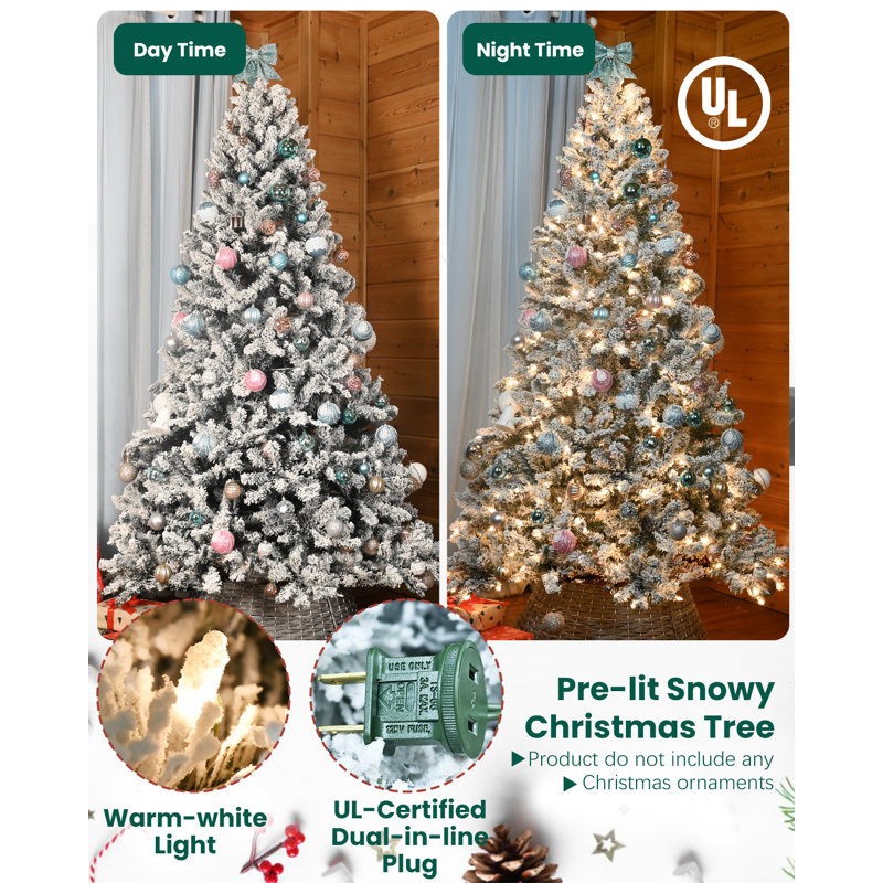 The Holiday Aisle 9ft Pre Lit Snow Flocked Christmas Tree w Pinecone 2240 PVC Branches 850 Lights Holiday Decor Wayfair